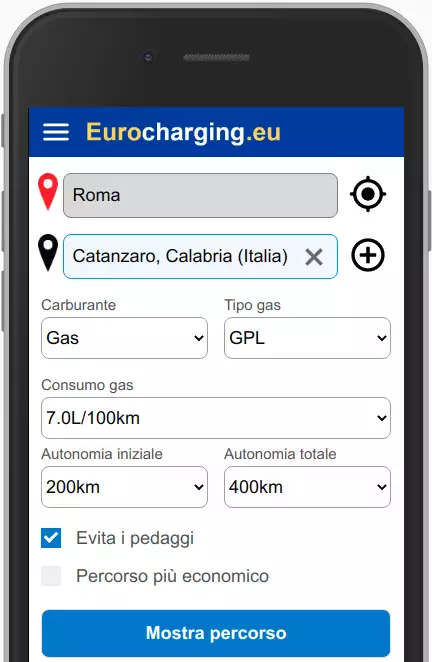 Seleziona la città di origine, la città di destinazione, il tipo di carburante, i consumi, l'autonomia iniziale e l'autonomia totale del tuo veicolo per calcolare il percorso più efficiente.
